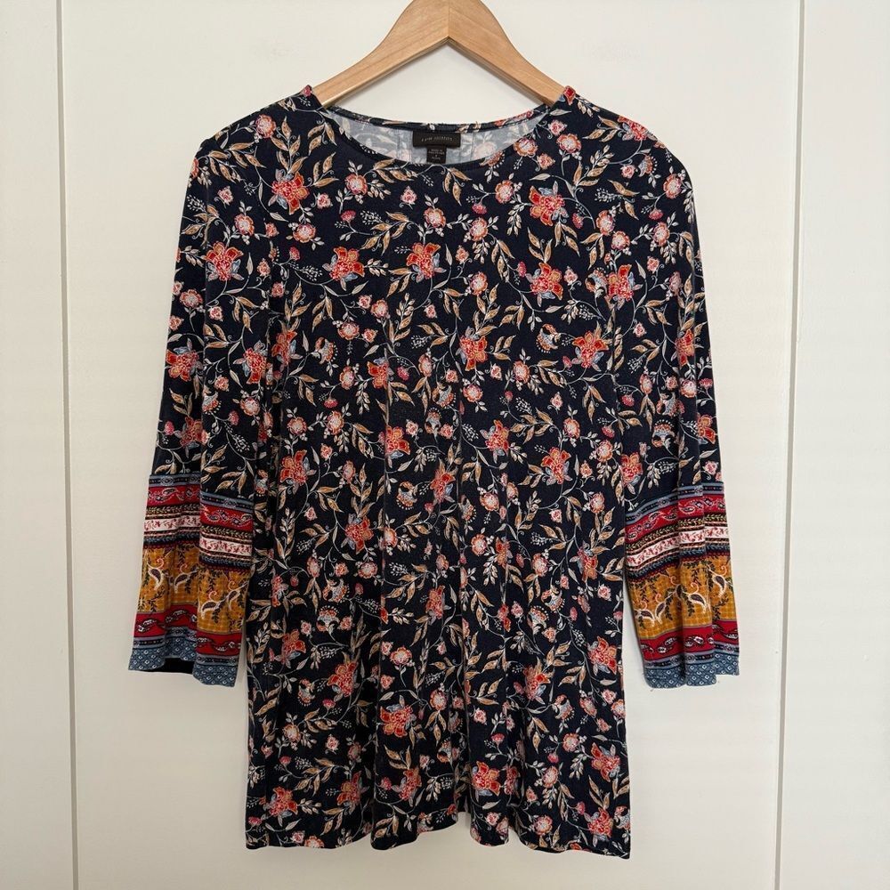 J Jill Wearever Tunic Top Womens Sz S Petite Floral 3/4 Sleeve Stretch Casual